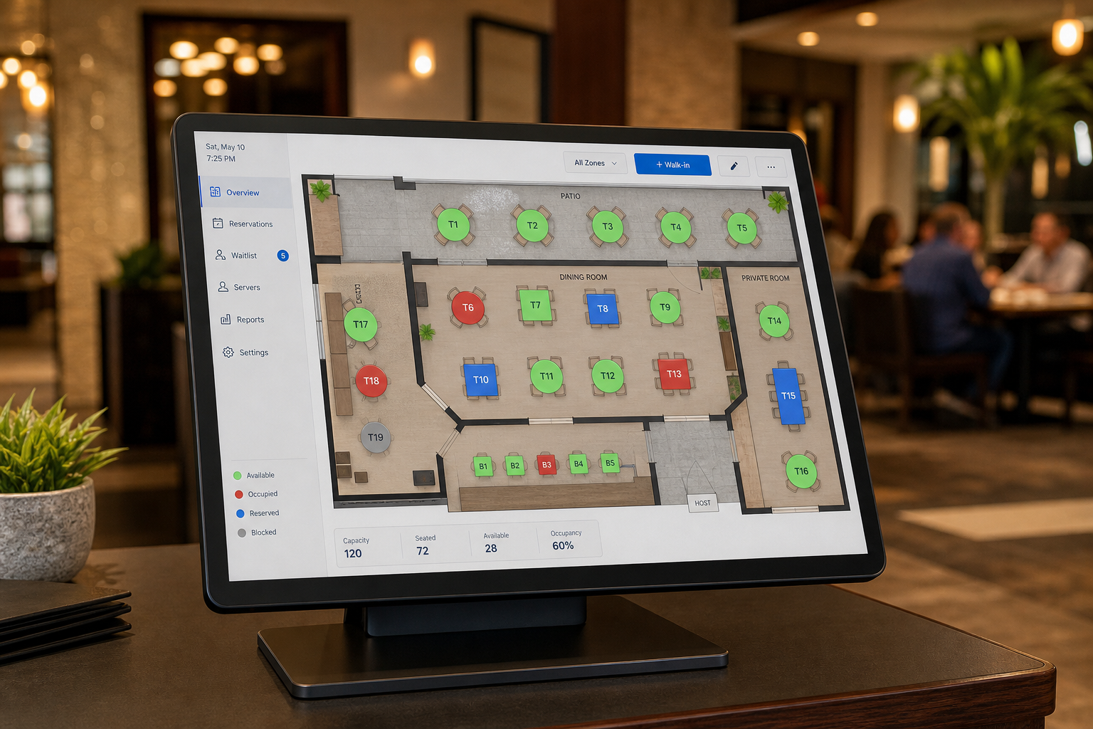 Caisse restaurant AuraPro : plan de salle avec placement des tables sur tablette
