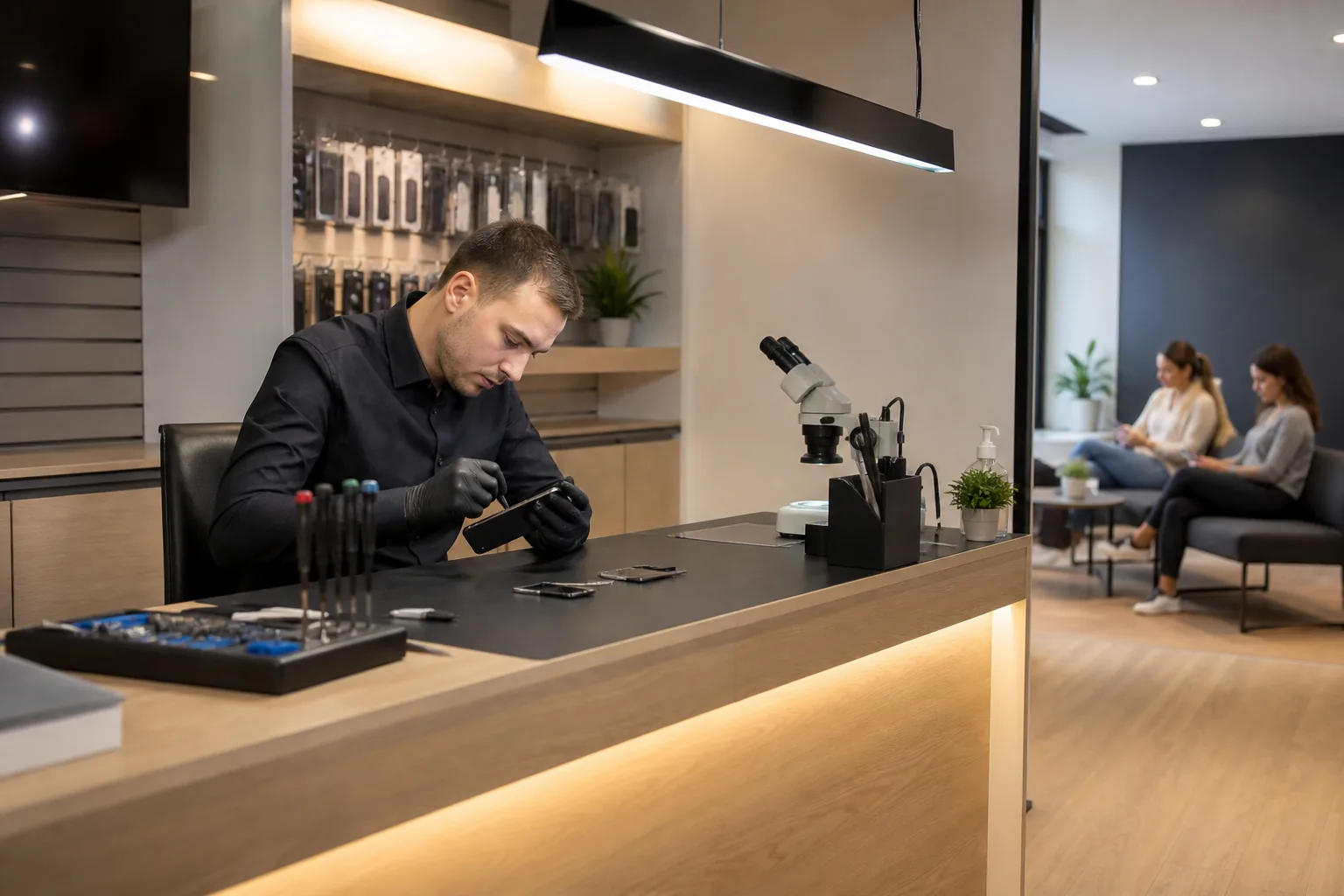 Atelier SAV en boutique : technicien examinant un appareil à réparer